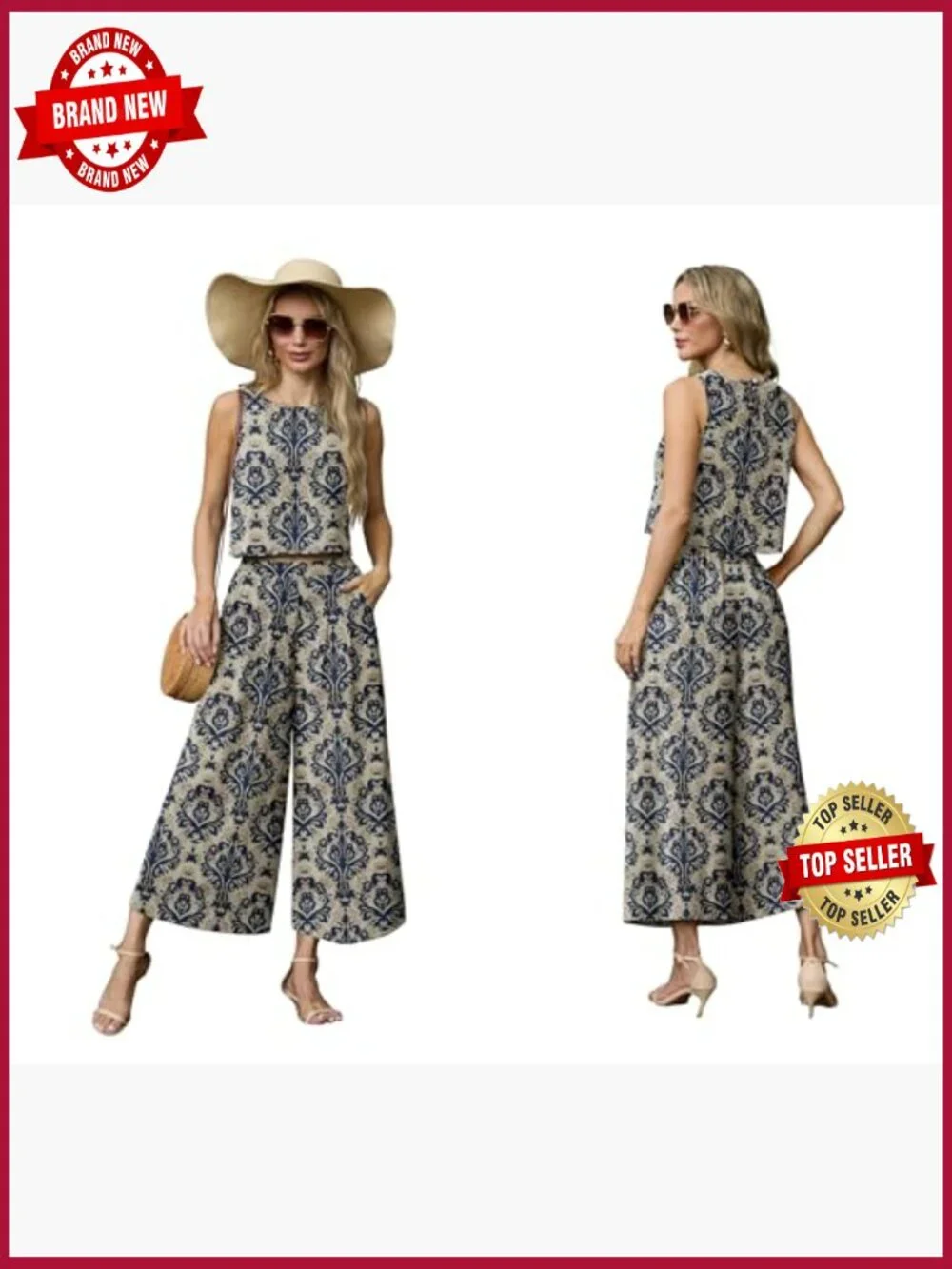 Sleeveless Crop Top & Wide Leg Pants Matching Set 2 Piece Outfit